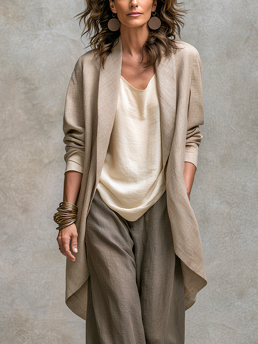 Clarissa | Komplett elegant tre-delad beige-grå avslappnad outfit med vida byxor