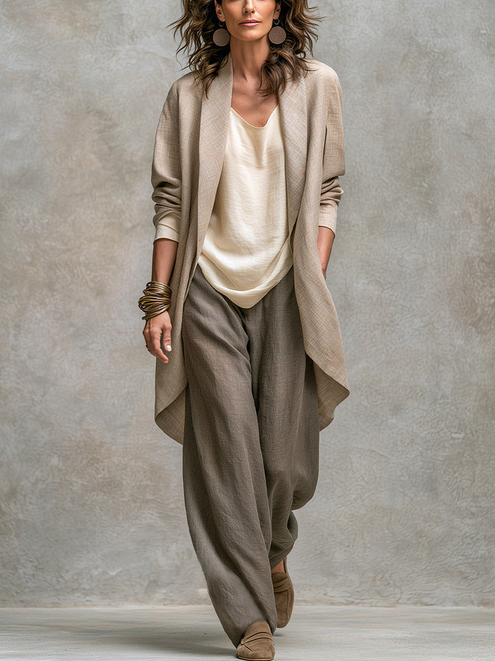 Clarissa | Komplett elegant tre-delad beige-grå avslappnad outfit med vida byxor