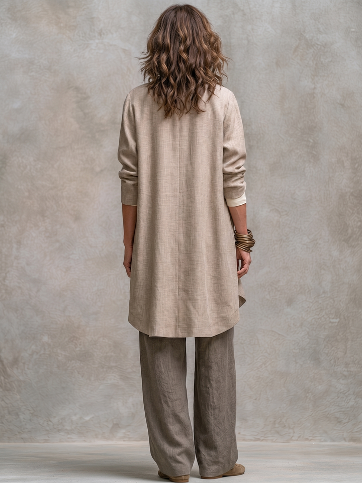 Clarissa | Komplett elegant tre-delad beige-grå avslappnad outfit med vida byxor