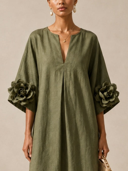 Eliza | Midi Klänning Olivgrön med V-ringning och Extravaganta Blommiga Ärmar