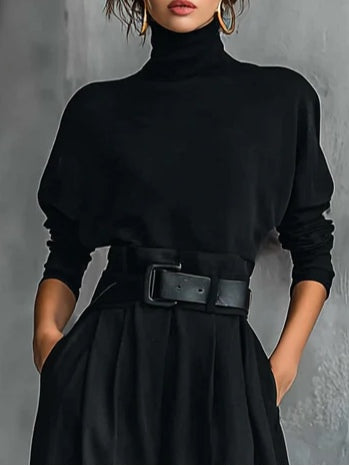 Noëlla | Svart Turtleneck Top och Raka Byxor Set