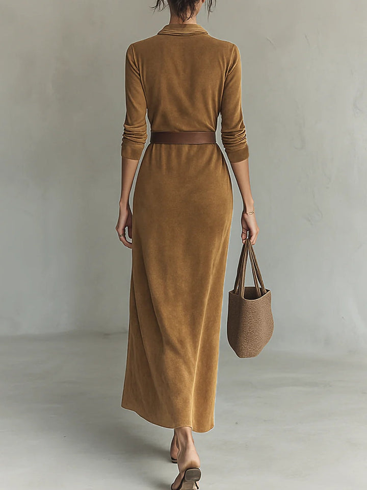 Solenn | Suede Enknäppt Krage Maxi Klänning