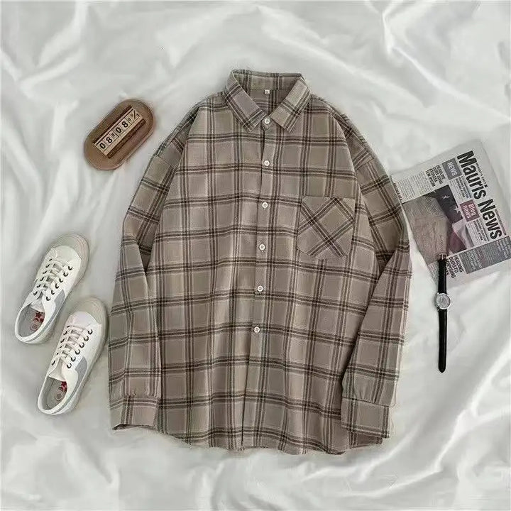 Alida rutig flanellskjorta i beige och brunt, oversized passform
