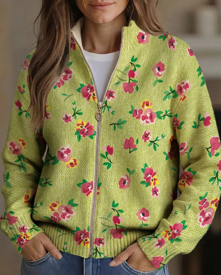 Constance | Rosa Blommig Lime Zip Cardigan