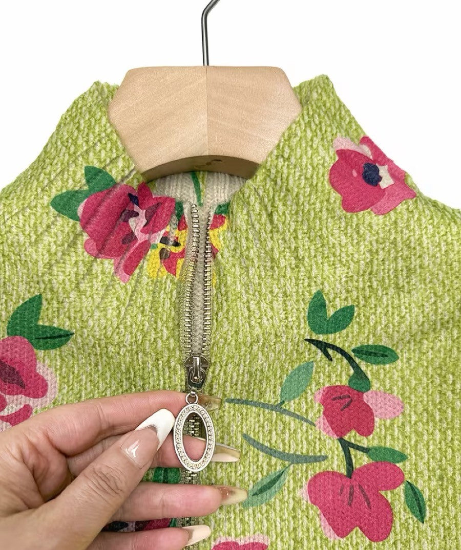 Constance | Rosa Blommig Lime Zip Cardigan