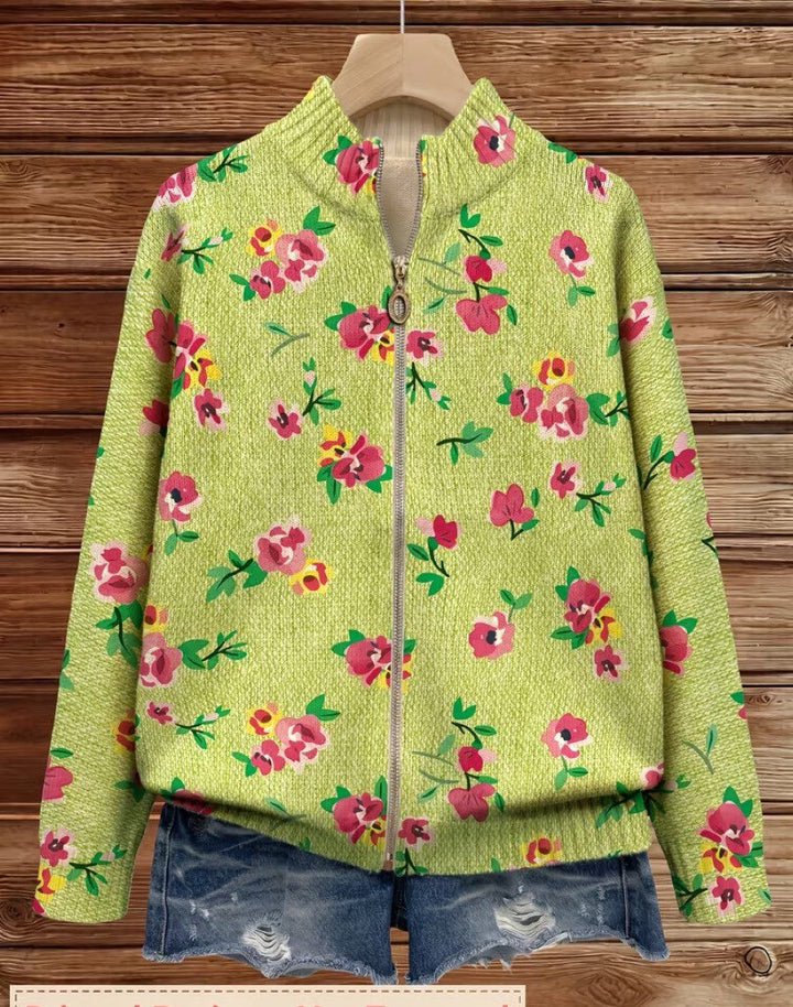 Constance | Rosa Blommig Lime Zip Cardigan