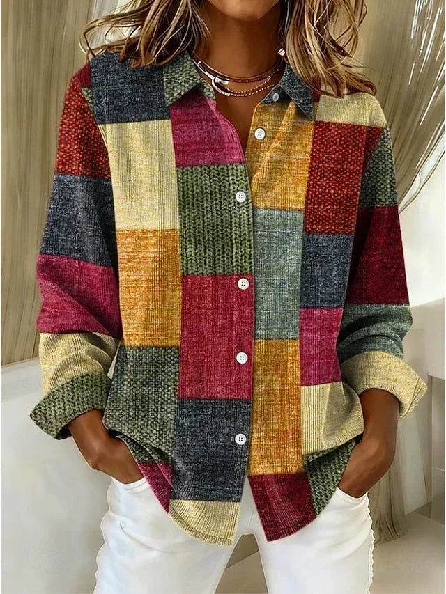 Ingamaj patchworkblus med färgblock i brunt