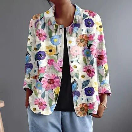 Rosamonde | Handmålad Blommig Blus med Spetskrage