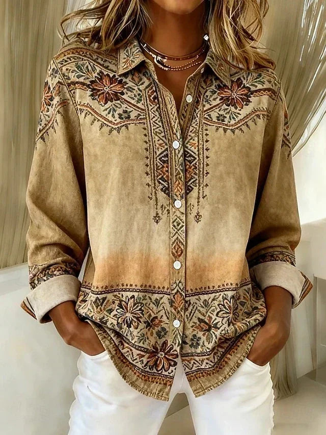 Bera – mönstrad vintageblus med knappar i khaki
