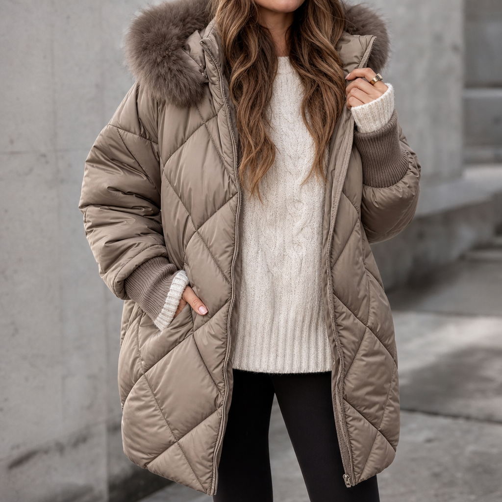 Pernilla | Oversized Quiltad Parka Med Fuskpälshuva