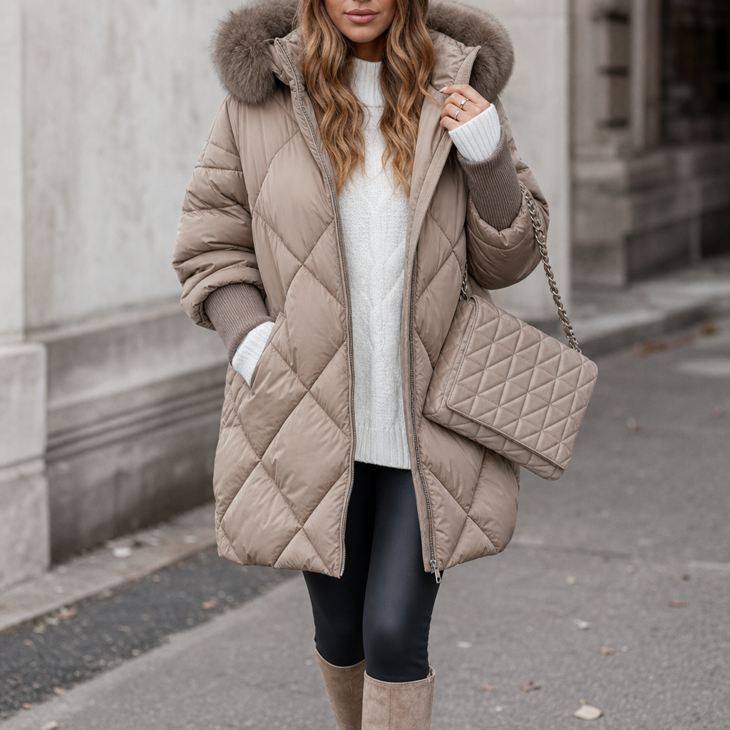 Pernilla | Oversized Quiltad Parka Med Fuskpälshuva