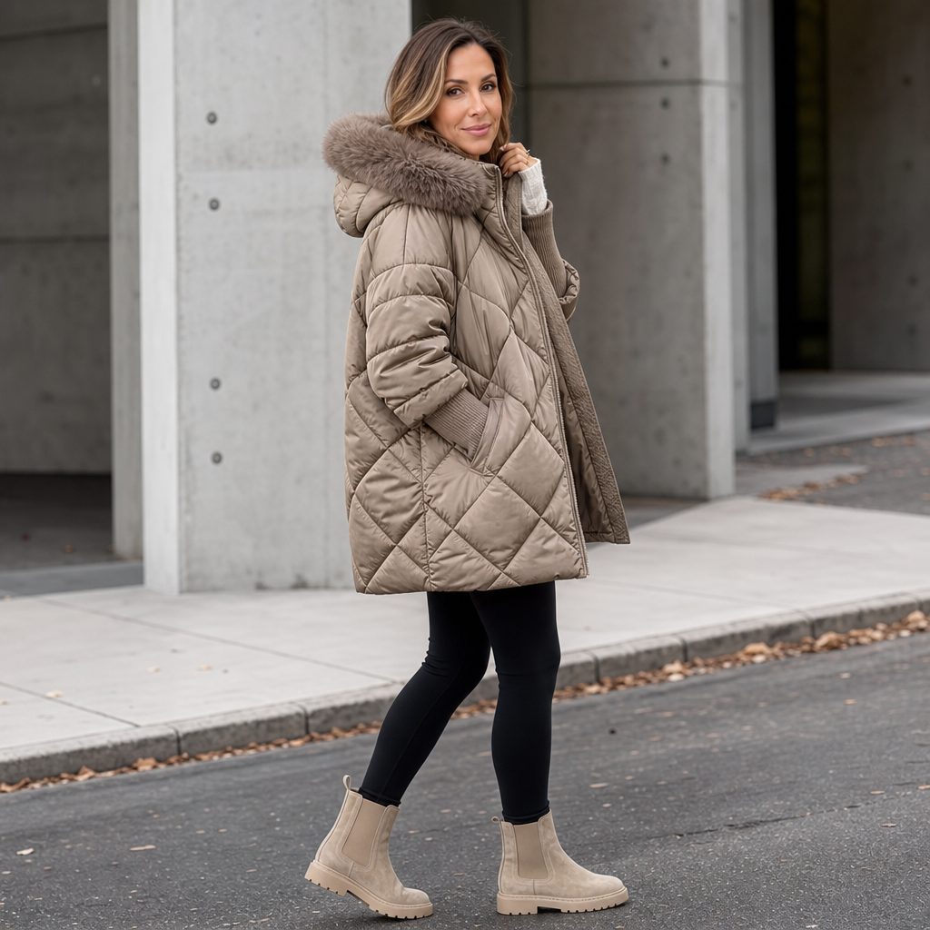 Pernilla | Oversized Quiltad Parka Med Fuskpälshuva
