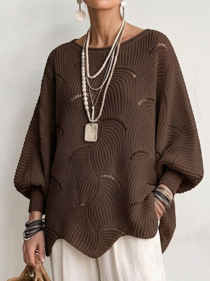 Hanne | Hålig Våg Mönster Löst Lantern Sleeve Stickad Topp