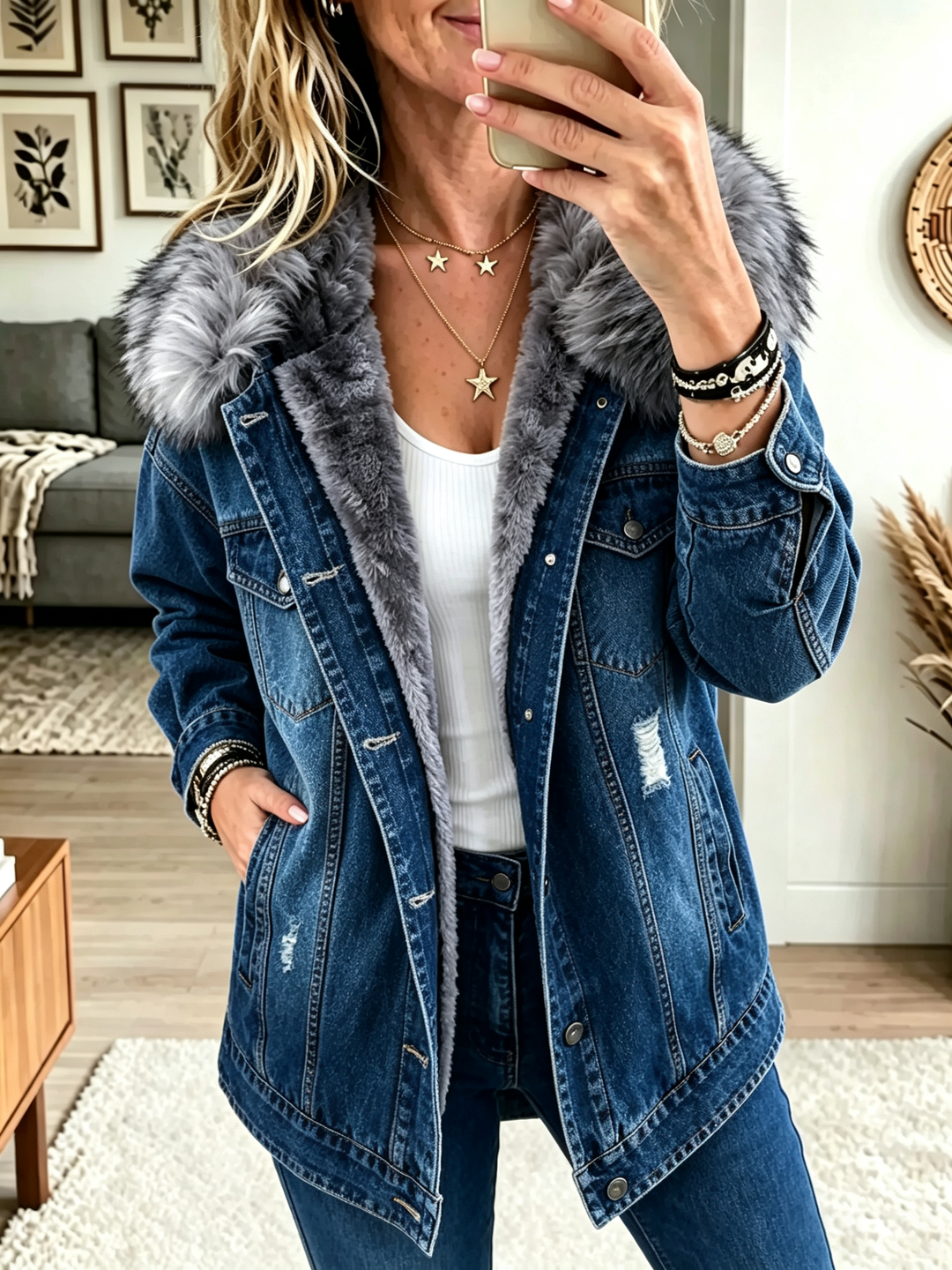 Lisara | Fuskpäls Krage Fleecefodrad Denimjacka