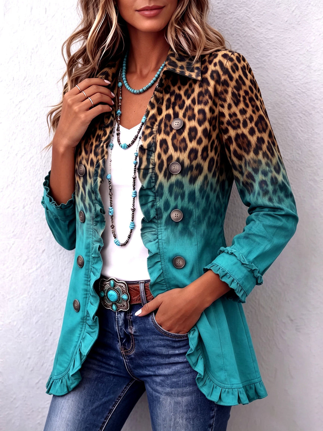 Béatrice | Leopardblazer i Turkos med Volanger