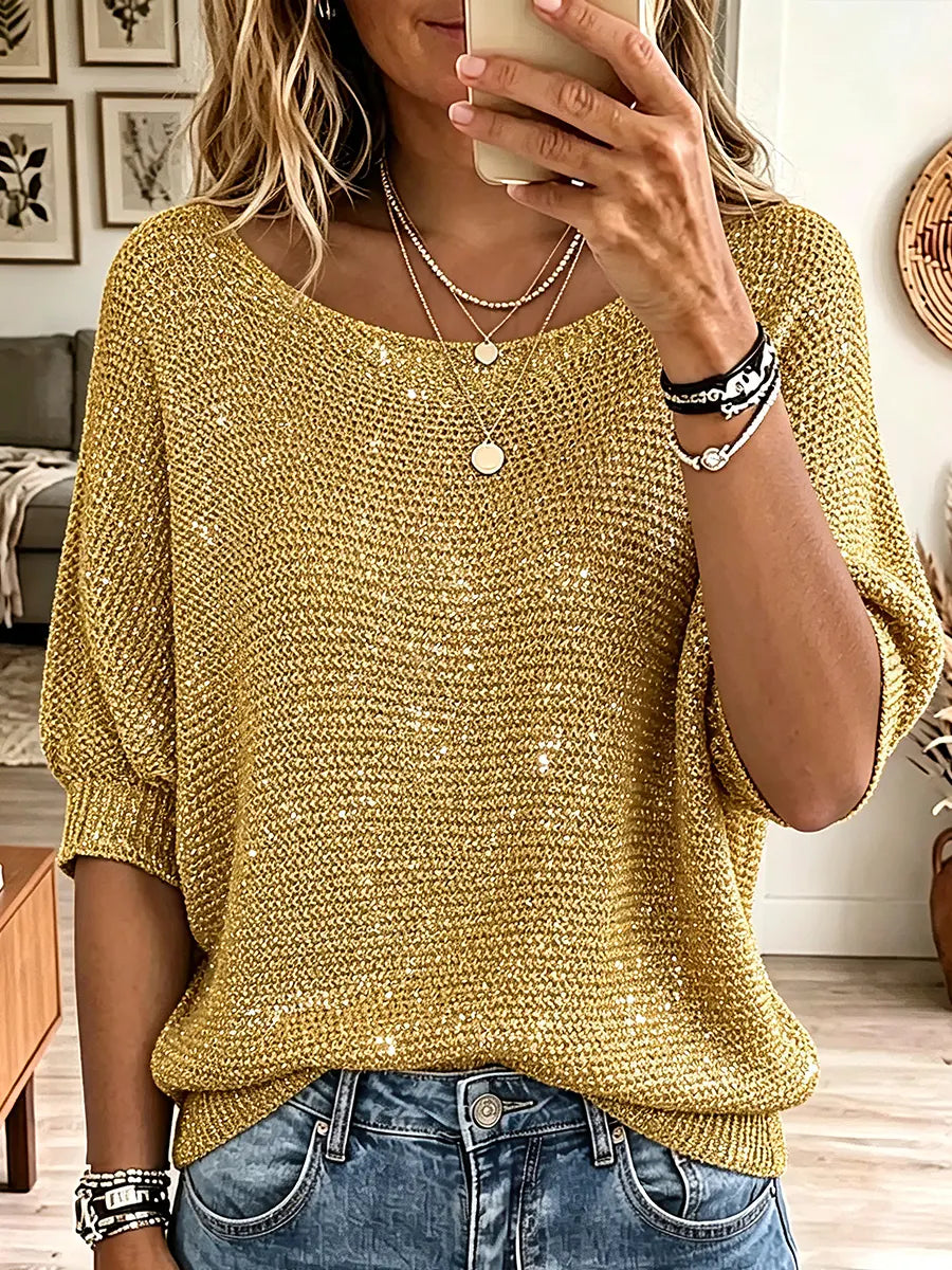Dagmar | Vintage Elegant Glitter Stickad Skjorta