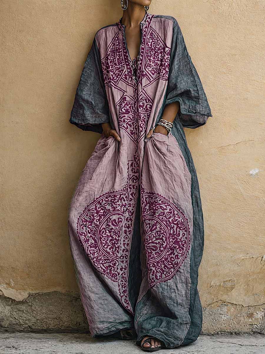 Philippa | Vintage-tryck V-ringad 3/4-ärmad Jumpsuit