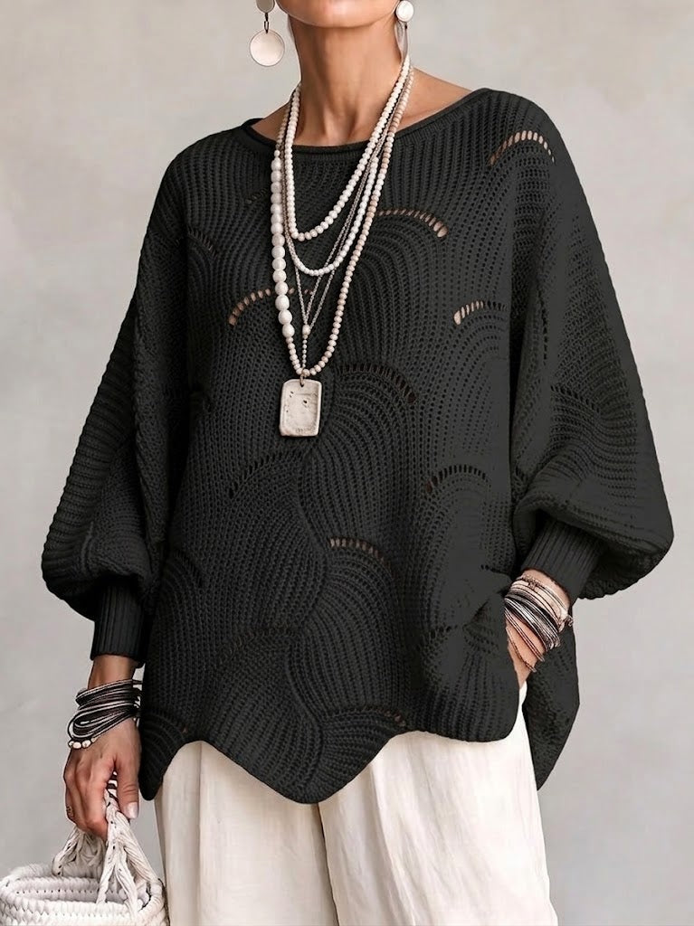 Hanne | Hålig Våg Mönster Löst Lantern Sleeve Stickad Topp