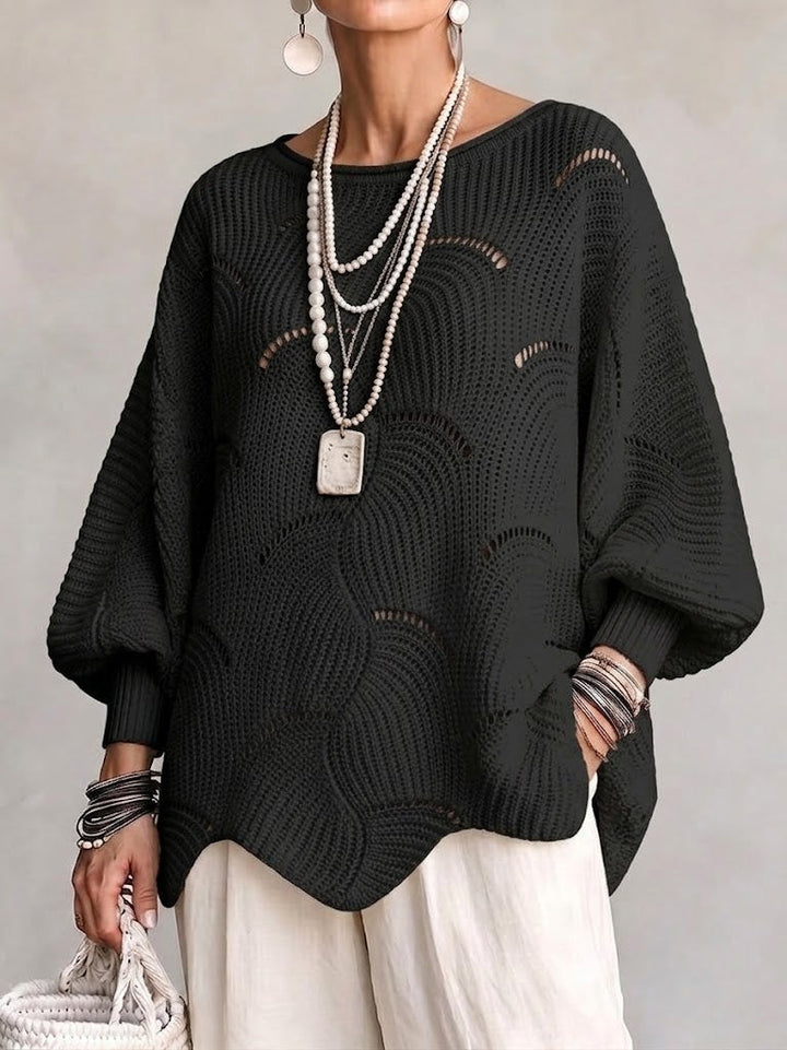 Hanne | Hålig Våg Mönster Löst Lantern Sleeve Stickad Topp