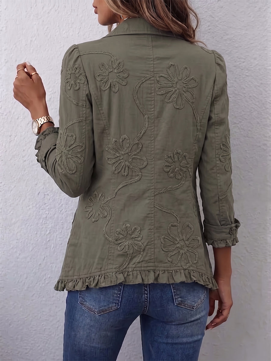 Alexandrine | Bohème-Chic Broderad Jacka med Retro Blommor och Rynkade Detaljer