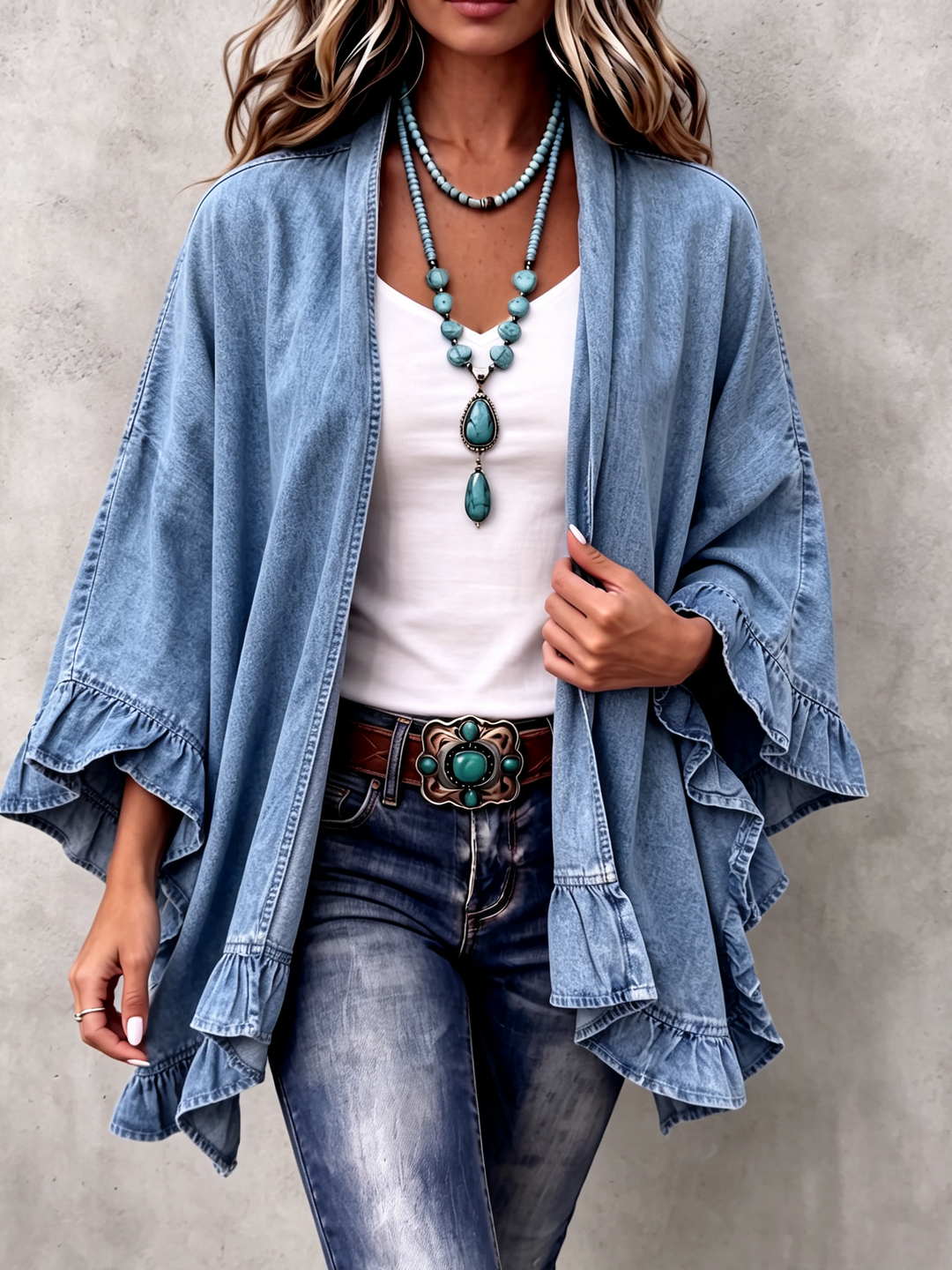 Charlene | Chic Boho Denimkofta med Volangkanter