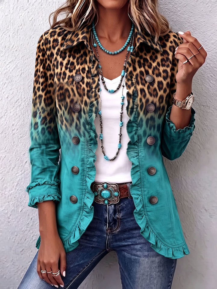 Béatrice | Leopardblazer i Turkos med Volanger