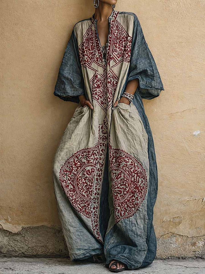 Philippa | Vintage-tryck V-ringad 3/4-ärmad Jumpsuit