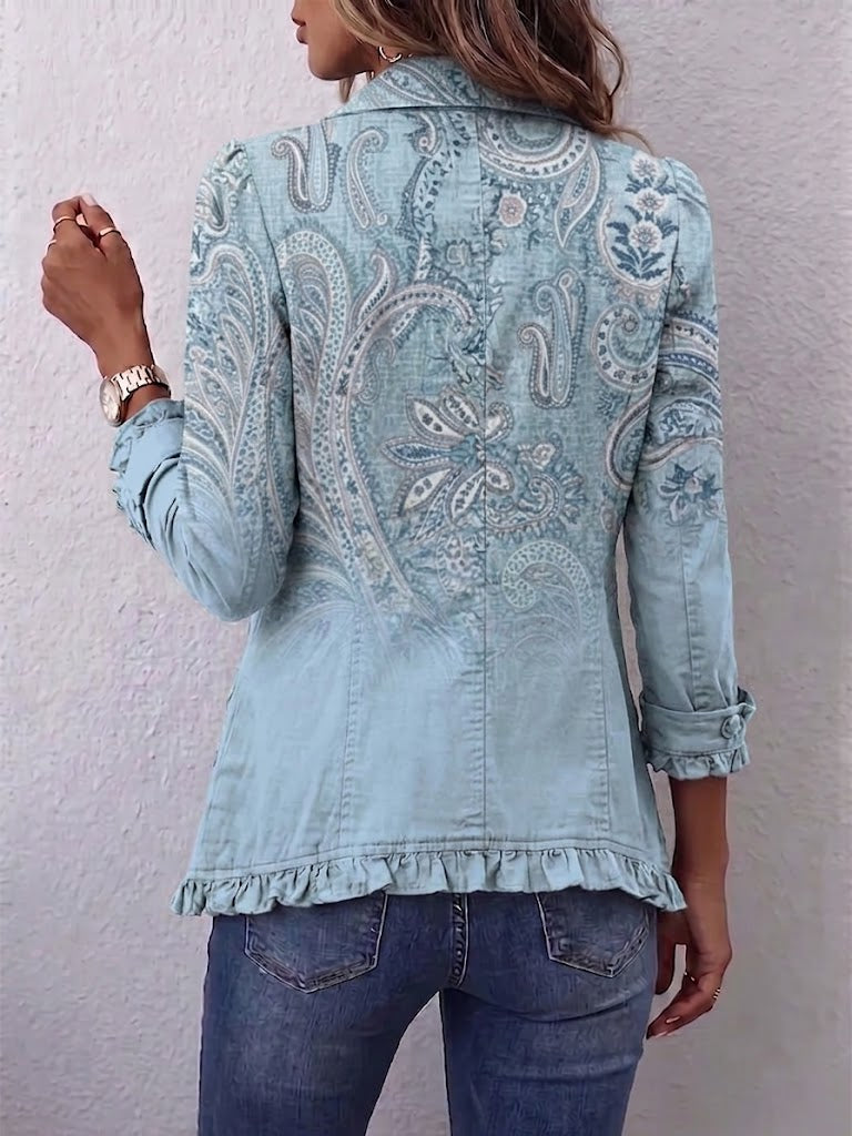Émilie | Vintage Paisley Blå Himmel Jacka med Volanger