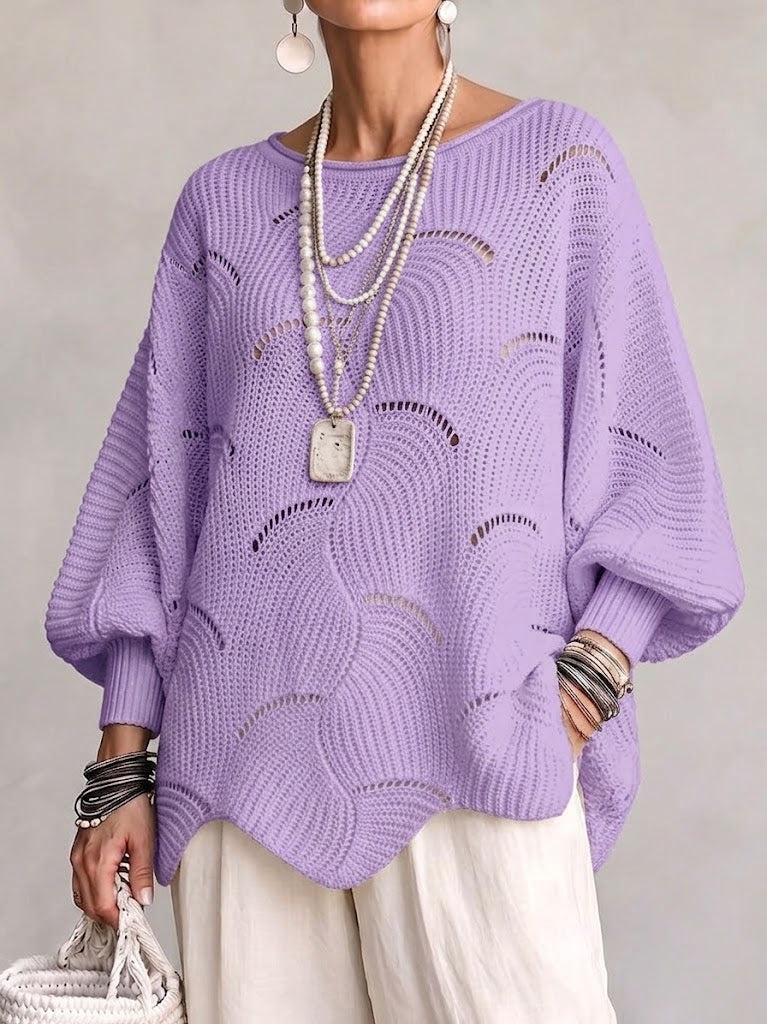 Hanne | Hålig Våg Mönster Löst Lantern Sleeve Stickad Topp