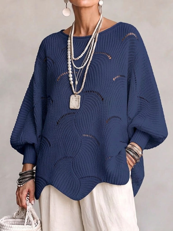 Hanne | Hålig Våg Mönster Löst Lantern Sleeve Stickad Topp