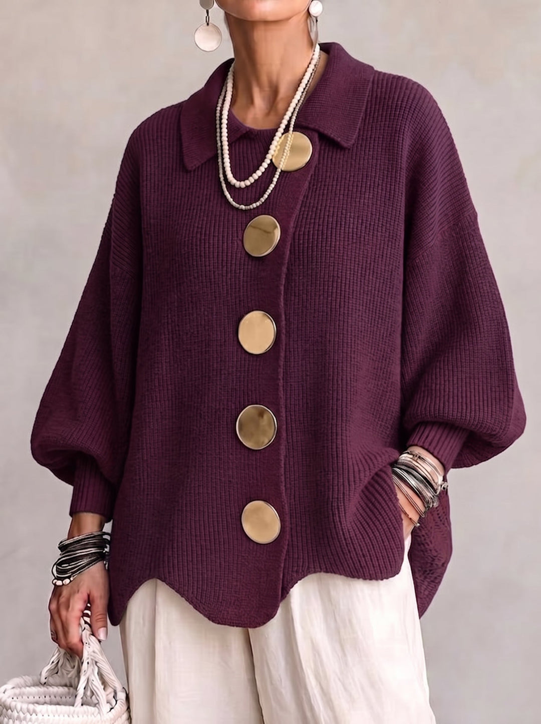 Isabella | Oversized Krage Cardigan Med Stora Metallknappar