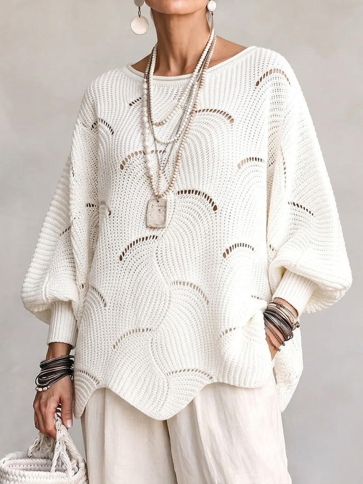 Hanne | Hålig Våg Mönster Löst Lantern Sleeve Stickad Topp