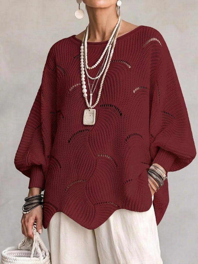 Hanne | Hålig Våg Mönster Löst Lantern Sleeve Stickad Topp