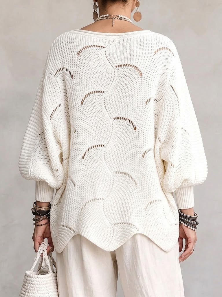 Hanne | Hålig Våg Mönster Löst Lantern Sleeve Stickad Topp