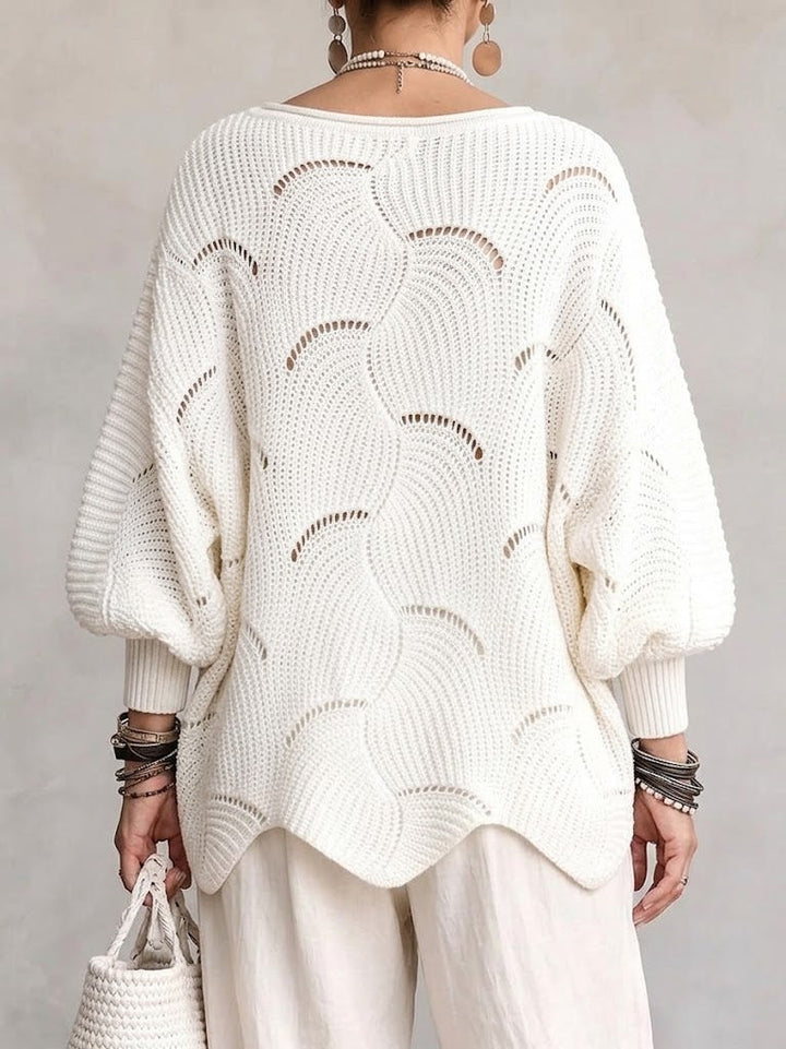 Hanne | Hålig Våg Mönster Löst Lantern Sleeve Stickad Topp