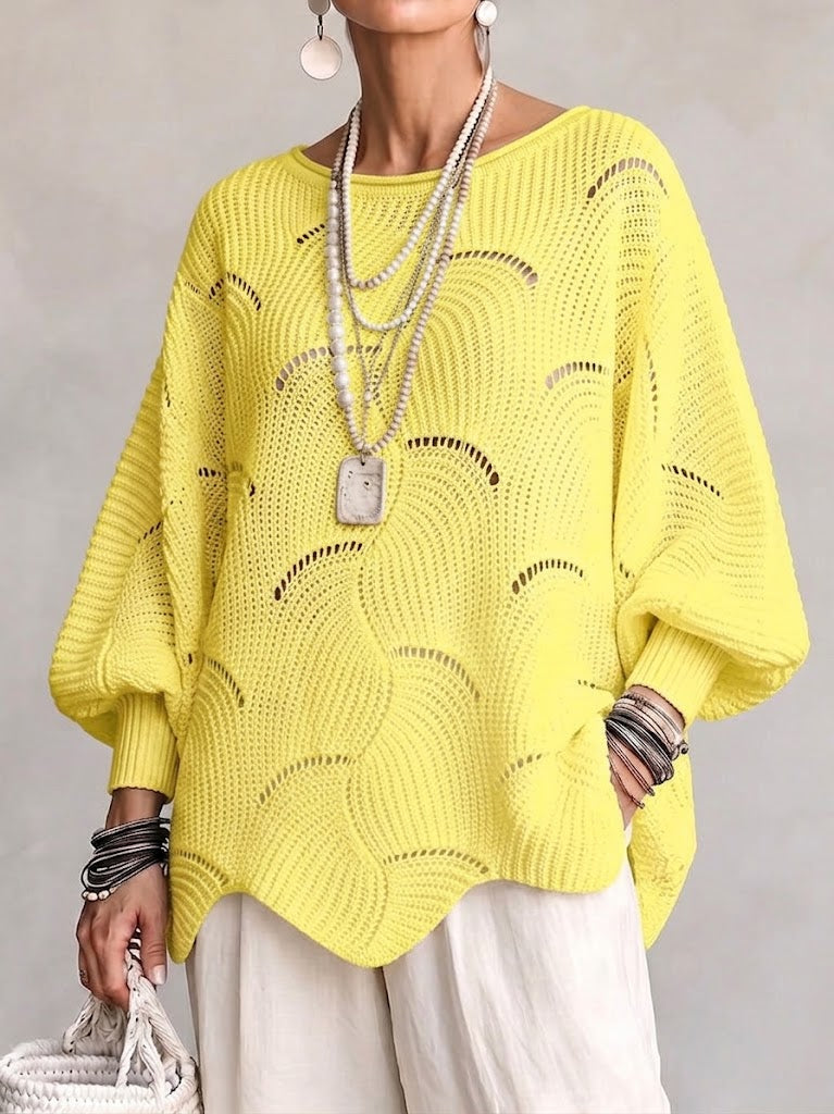 Hanne | Hålig Våg Mönster Löst Lantern Sleeve Stickad Topp