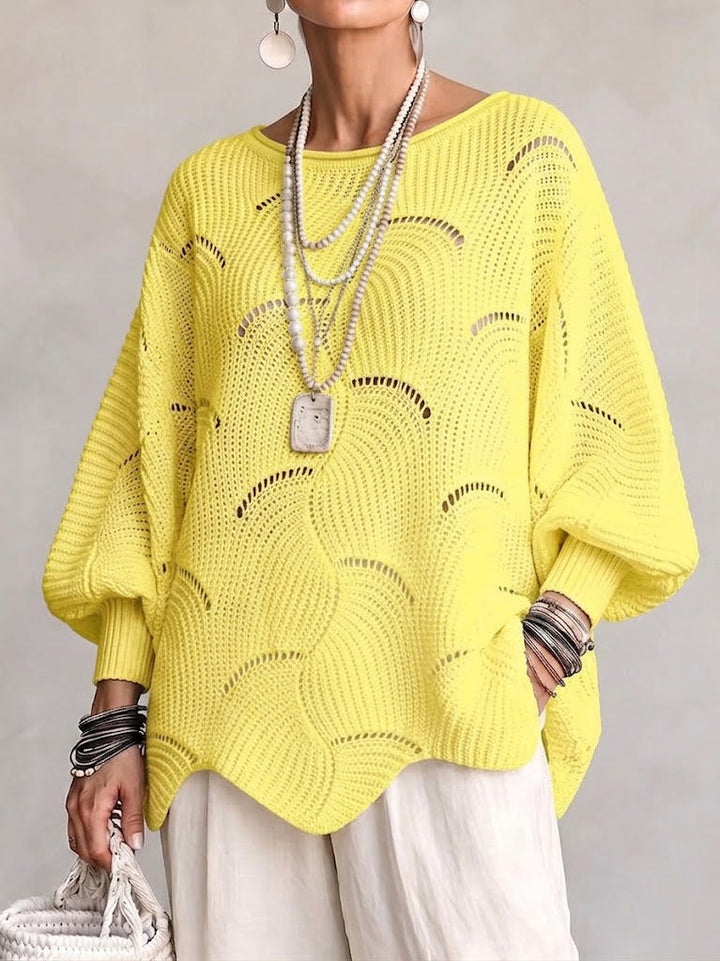 Hanne | Hålig Våg Mönster Löst Lantern Sleeve Stickad Topp