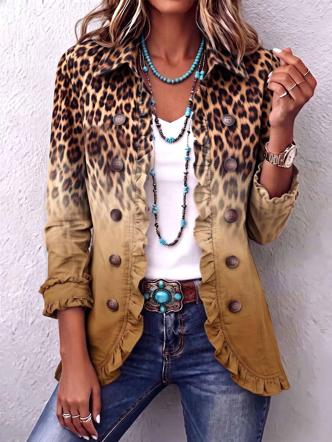 Béatrice | Leopardblazer i Turkos med Volanger