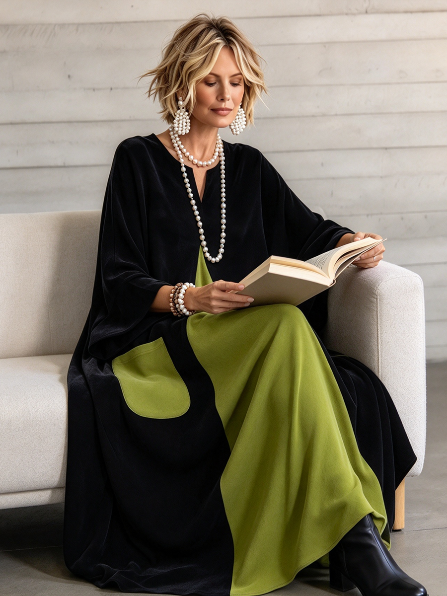 Gisela svart sammetsklänning med limegrönt färgblock, sittande modell