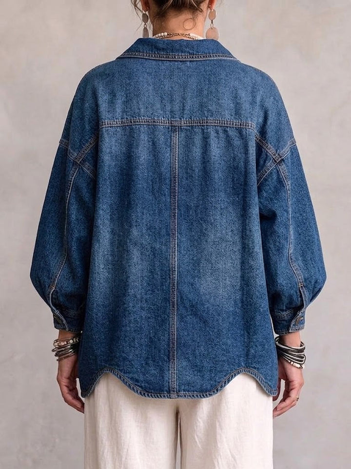 Cara | Oversized Denimjacka med Krage och Stora Metallknappar