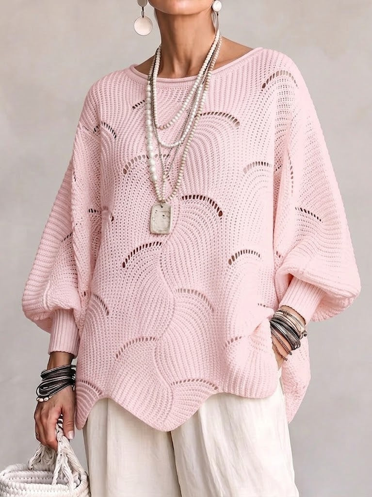 Hanne | Hålig Våg Mönster Löst Lantern Sleeve Stickad Topp