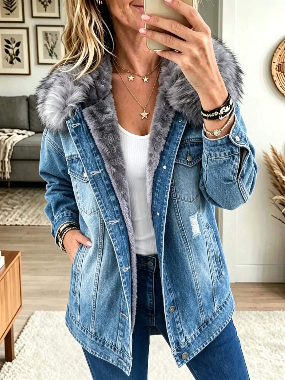 Lisara | Fuskpäls Krage Fleecefodrad Denimjacka