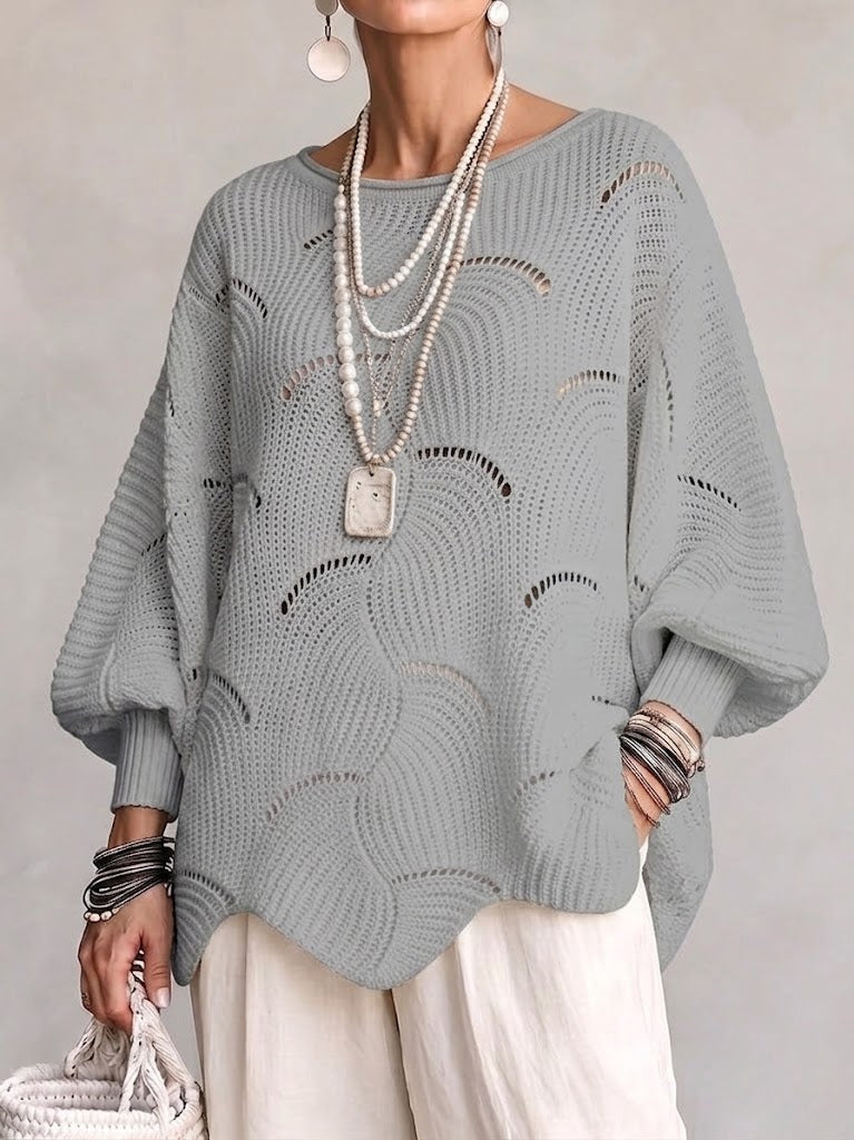 Hanne | Hålig Våg Mönster Löst Lantern Sleeve Stickad Topp