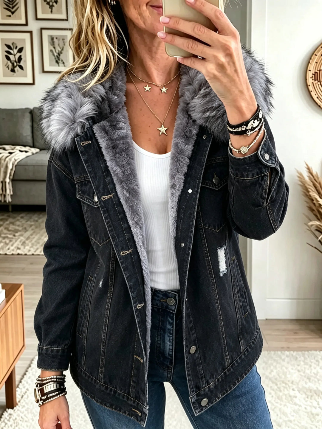 Lisara | Fuskpäls Krage Fleecefodrad Denimjacka