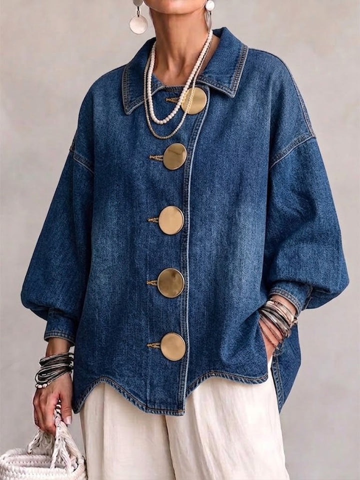 Cara | Oversized Denimjacka med Krage och Stora Metallknappar
