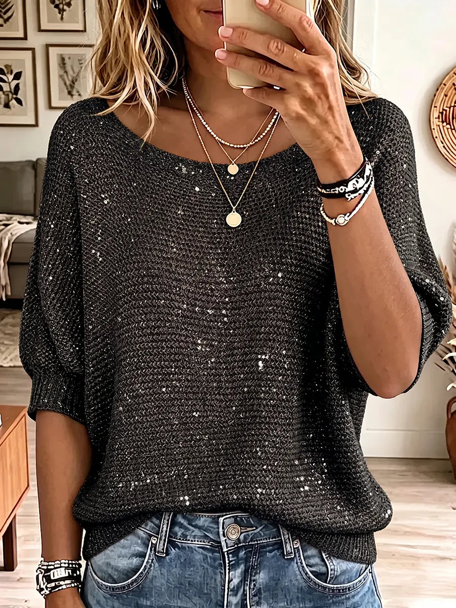 Dagmar | Vintage Elegant Glitter Stickad Skjorta