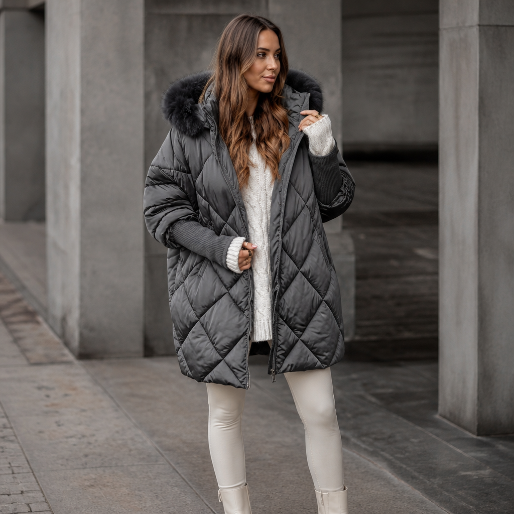 Pernilla | Oversized Quiltad Parka Med Fuskpälshuva