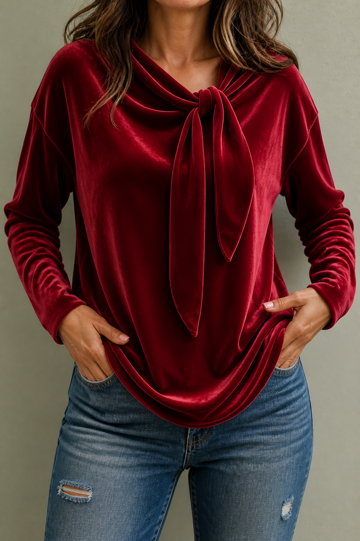 Tyra | Sammet Tie-Neck Avslappnad Blus